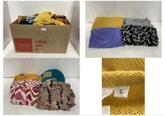 BOX OF ASSORTED CLOTHING TO INCLUDE WOMENS MUSTARD KNIT SWEATER IN SIZE L