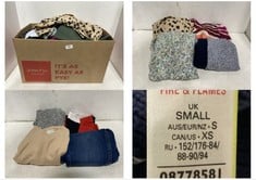 BOX OF ASSORTED CLOTHING TO INCLUDE WOMEN'S LEOPARD PRINT BLOUSE-SIZE 14