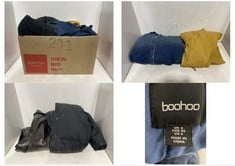 BOX OF ASSORTED CLOTHING TO INCLUDE DENIM BLUE BOMBER JACKET-SIZE UK 8