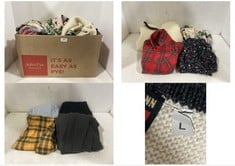 BOX OF ASSORTED CLOTHING ITEMS TO INCLUDE KIDS TARTAN BUTTON SHIRT AND TROUSER PJ SET RED - SIZE 6-7 YEARS