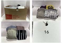 BOX OF ASSORTED CLOTHING ITEMS TO INCLUDE BUBBLE KNIT LONG SLEEVE CARDIGAN BLUE - SIZE S