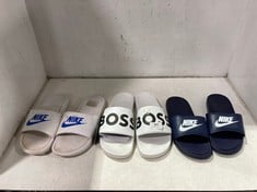 3 X ASSORTED ADULT CLOTHING ITEMS TO INCLUDE BOSS SLIDERS WHITE / BLACK - SIZE 12