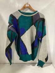 PATCH COLOUR PULLOVER KNIT JUMPER GREEN MOTIF - SIZE M