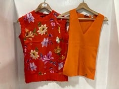 TED BAKER KNITTED FITTED VEST ORANGE - SIZE 8 TO INCLUDE TED BAKER KCORN SLEEVELESS TOP BURNT ORANGE MOTIF - SIZE 8 - TOTAL RRP £175