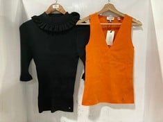 TED BAKER KNITTED FITTED VEST ORANGE - SIZE 8 TO INCLUDE TED BAKER FITTED TOP WITH FRILL NECK DETAIL BLACK - SIZE 5 - RRP £170