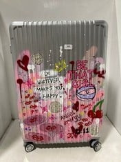 FLIGHT NIGHT CUSTOM HAND PAINTED MEDIUM 8-WHEEL TRAVEL SUITCASE CHERRY PINK MOTIF - RRP £170