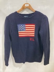 RALPH LAUREN POLO CREW NECK PULLOVER KNIT JUMPER AMERICAN FLAG MOTIF / NAVY - SIZE M (10-12)