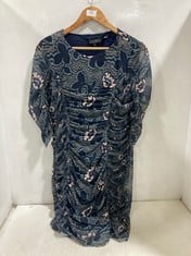 TED BAKER VEL-VIT BODYCON DRESS WITH RUCHING AND TIES NAVY MOTIF - SIZE 4 - RRP £125