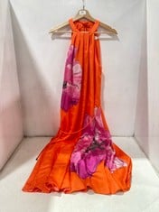 TED BAKER IMMIA HALTERNECK SWING MAXI DRESS WITH SELF TIE BELT ORANGE MOTIF - SIZE 2 - RRP £175