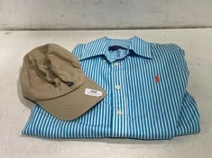 RALPH LAUREN POLO SMALL CAP BEIGE TO INCLUDE RALPH LAUREN STRIPED CUSTOM FIT SHIRT BLUE / WHITE - SIZE 8