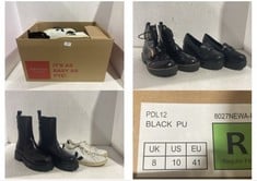 BOX OF ASSORTED SHOE ITEMS TO INCLUDE VAGABOND SHOEMAKERS ANKLE FAUX LEATHER BOOT BLACK - SIZE 8