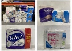 APPROX 12 X ASSORTED TISSUE PAPER ITEMS TO INCLUDE ANDREX COMPLETE CLEAN 12 XL ROLL 2-PLY TOILET TISSUE