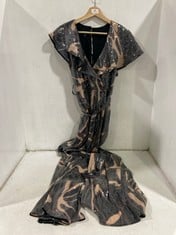 TED BAKER WMT-EDENNIE PRINTED SEQUIN RUFFLE JUMPSUIT IN BLACK / BROWN SIZE 2 - RRP £295