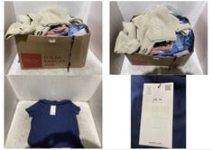 BOX OF ASSORTED ADULT CLOTHING TO INCLUDE EMMA MORGAN V-NECK CABLE KNIT JUMPER NATURAL SIZE UNKNOWN