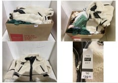 BOX OF ASSORTED ADULT CLOTHING TO INCLUDE F&F FLEECE JACKET BLACK/CREAM SIZE M