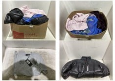 BOX OF ASSORTED ADULT CLOTHING TO INCLUDE CLOSURE PUFFER JACKET BLACK SHINE SIZE M