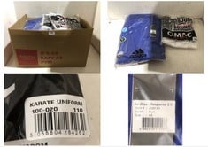 BOX OF ASSORTED KARATE UNIFORMS TO INCLUDE ADIDAS RESPONSE 2.0 IN BLUE SIZE A3