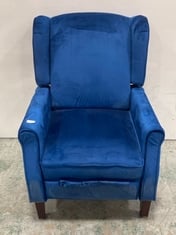 ASCOT STUDDED WINGBACK VELVET RECLINER ARMCHAIR IN BLUE - RRP £250