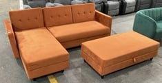 DESTIN ORANGE VELVET CORNER SOFA WITH STORAGE CHAISE AND STORAGE OTTOMAN BENCH - RRP £800