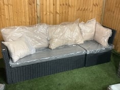 3 SEATER , CORNER RATTAN SOFA PART IN BLACK / GREY TO INCLUDE BEIGE FABRIC CUSHIONS (PARTS)