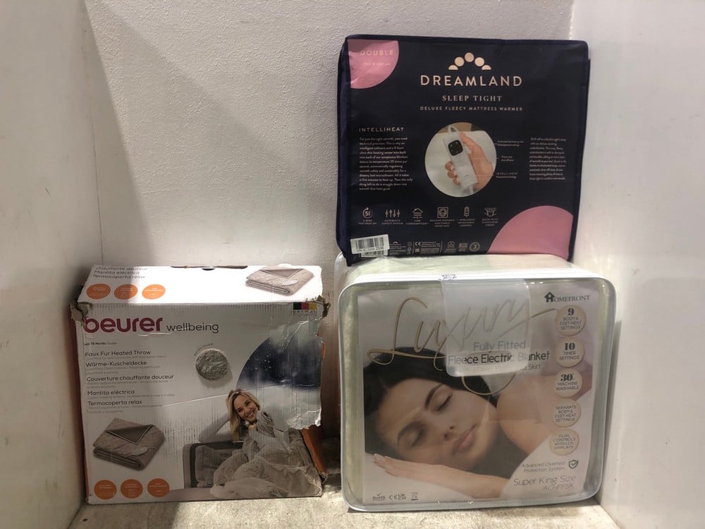 3 X ASSORTED ITEMS TO INCLUDE BEURER WELLBEING FAUX FUR HEATED THROW