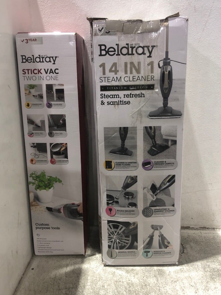 BELDRAY 2-IN-1 STICK VACUUM CLEANER TO INCLUDE BELDRAY TITANIUM 14-IN-1 STEAM CLEANER MOP