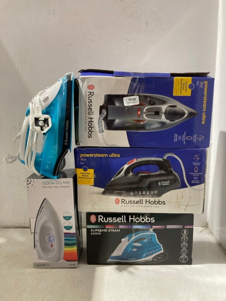 5 X ASSORTED ITEMS TO INCLUDE RUSSELL HOBBS POWERSTEAM ULTRA BLACK IRON