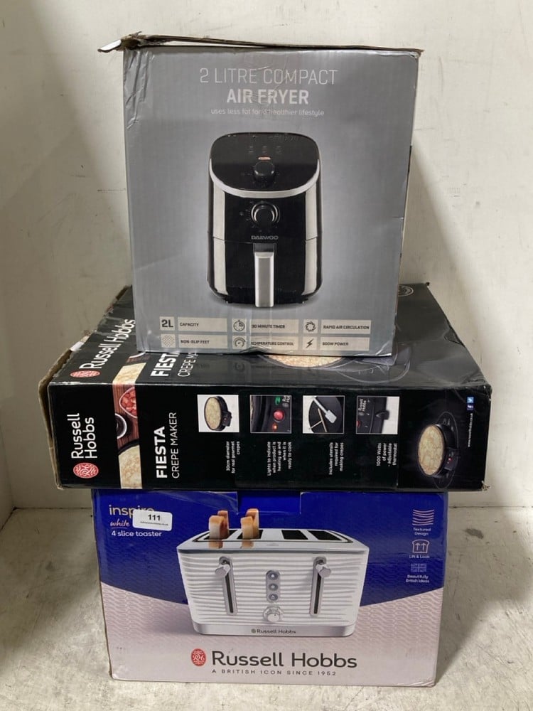 3 X ASSORTED ITEMS TO INCLUDE DAEWOO 2L COMPACT AIR FRYER