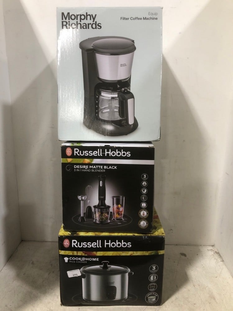 3 X ASSORTED ITEMS TO INCLUDE RUSSELL HOBBS DESIRE MATTE BLACK 3-IN-1 HAND BLENDER