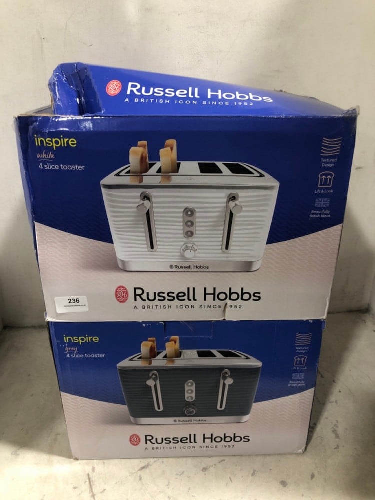 RUSSELL HOBBS INSPIRE WHITE 4 SLICE TOASTER TO INCLUDE RUSSELL HOBBS INSPIRE GREY 4 SLICE TOASTER