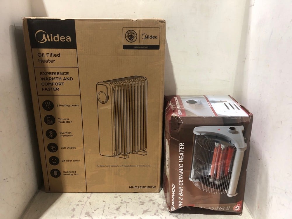 MIDEA 2300W ELECTRIC OIL FILLED HEATER TO INCLUDE DAEWOO 1200W 2 BAR CERAMIC HEATER