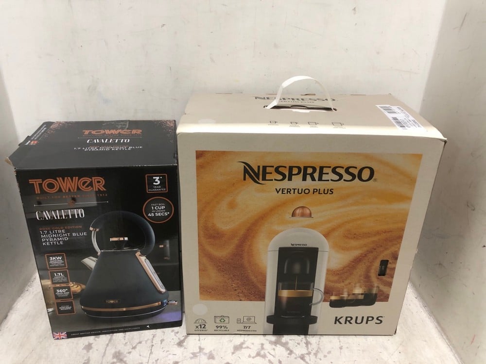 KRUPS NESPRESSO VERTUO PLUS COFFEE MACHINE TO INCLUDE TOWER X CAVALETTO ROSE GOLD EDITION 1.7L MIDNIGHT BLUE PYRAMID KETTLE