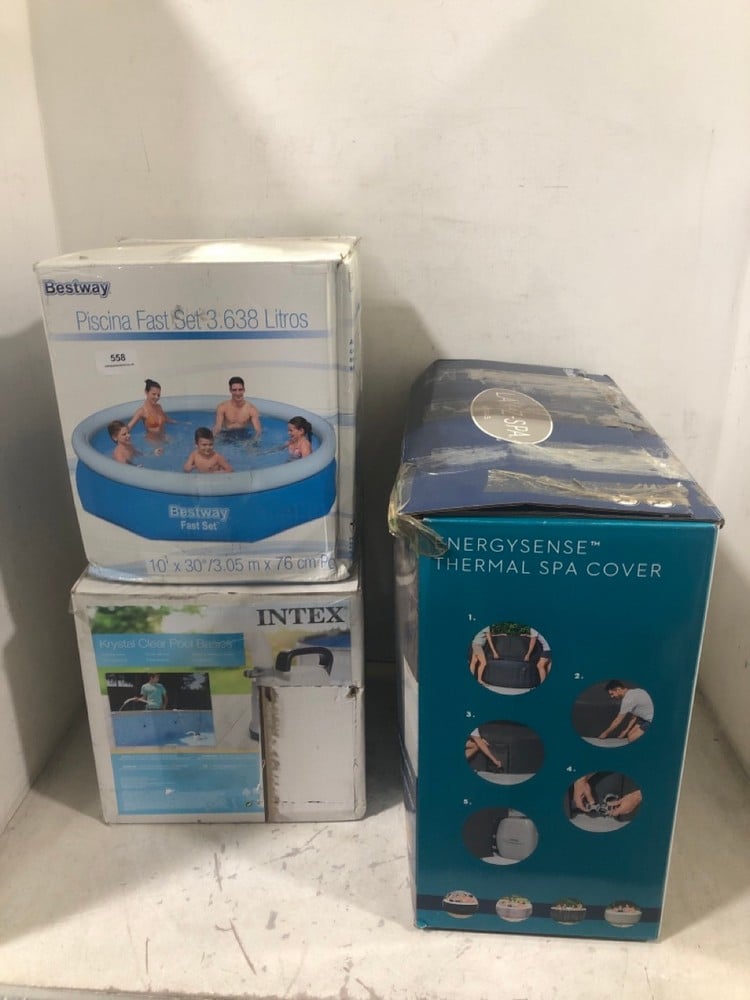 3 X ASSORTED ITEMS TO INCLUDE INTEX KRYSTAL CLEAR POOL BASICS POOL DRAIN PUMP