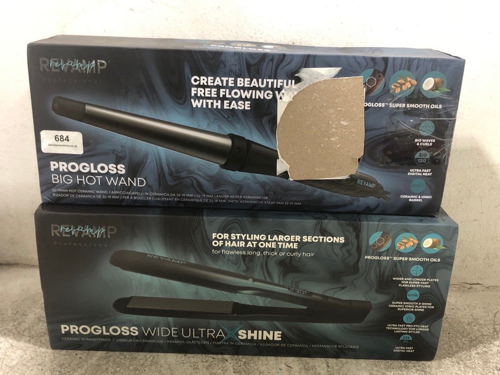 REVAMP PROFESSIONAL PROGLOSS BIG CURLING WAND TO INCLUDE REVAMP PROGLOSS WIDE ULTRA X SHINE CERAMIC HAIR STRAIGHTENER