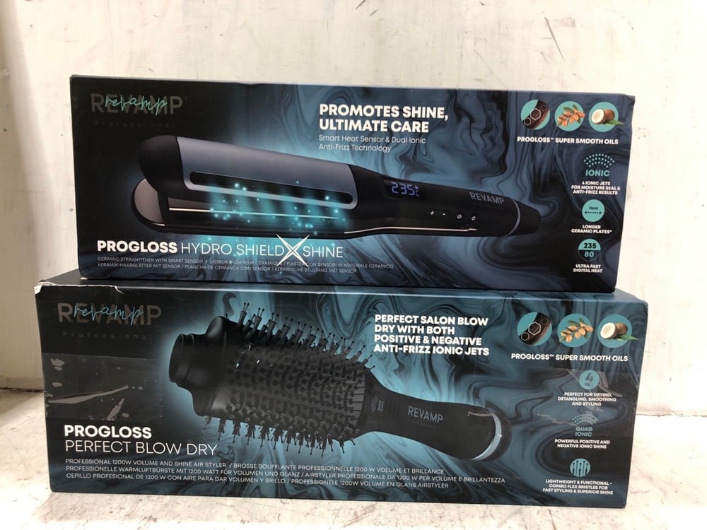 REVAMP PROGLOSS HYDRO SHIELD X SHINE CERAMIC HAIR STRAIGHTENER - RRP £119 TO INCLUDE REVAMP PROGLOSS PERFECT BLOW DRY VOLUME & SHINE AIR STYLER