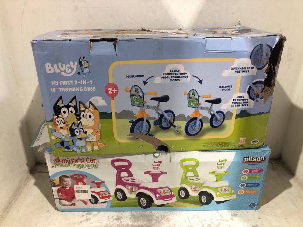 PILSAN MY FIRST CAR RIDE-ON SHAPE SORTER TO INCLUDE BLUEY MY FIRST 2-IN-1 10" TRAINING BIKE