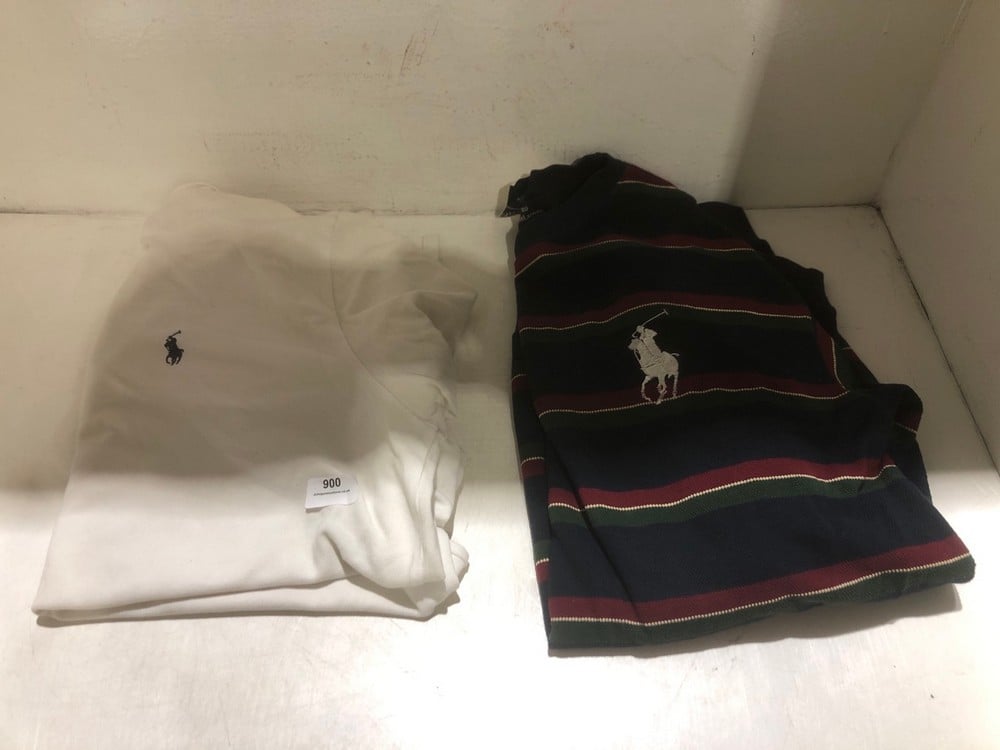 POLO RALPH LAUREN LONG SLEEVE SWEATSHIRT NAVY/GREEN/BURGUNDY - SIZE M TO INCLUDE POLO RALPH LAUREN WHITE POLO SHIRT - SIZE L