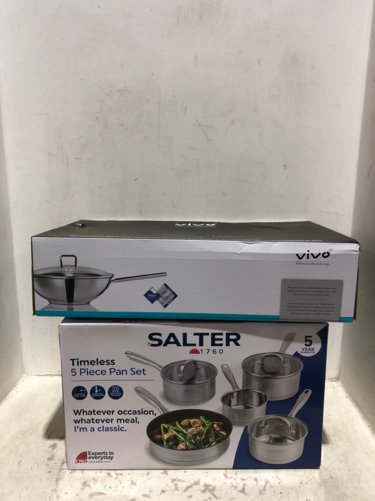 SALTER TIMELESS 5 PIECE PAN SET TO INCLUDE VIVO WOKWITH LID 32CM