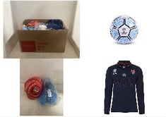 X14 ASSORTED SPORTS ITEMS TO INCLUDE UMBRO MENS ENGLAND RUGBY ALTERNATE CLASSIC LONG SLEEVE SHIRT NAVY L, UEFA CHAMPIONS LEAGUE FOOTBALL, SIZE 5, TRAINING, MATCH, MERCHANDISE, COLLECTIBLE FOR KIDS AN