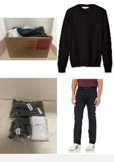 X20 ASSORTED CLOTHING TO INCLUDE ESSENTIALS MEN'S STRAIGHT-FIT STRETCH JEAN, BLACK, 38W / 34L, ESSENTIALS MEN'S CREW NECK SWEATER (AVAILABLE IN BIG & TALL), BLACK, XXL.