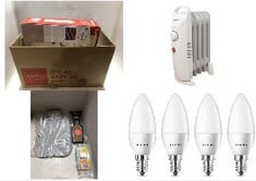 BOX OF ASSORTED HOME ITEMS TO INCLUDE PHILIPS LED ENERGY SAVING 5.5W FROSTED CANDLE E14 NON-DIM WARM WHITE - 4PACK, BENROSS 41640 PORTABLE 5 FIN MINI OIL FILLED RADIATOR/LOW ENERGY PLUG IN HEATER/ADJ