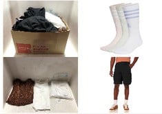 32X ASSORTED CLOTHING TO INCLUDE ESSENTIALS MEN'S CLASSIC-FIT CARGO SHORT (AVAILABLE IN BIG & TALL), BLACK, 40W, ADIDAS UNISEX 3STRIPES CUSHIONED SPORTSWEAR CREW SOCKS 3 PAIR PACK, 11-12.5.