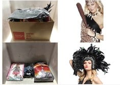 15X ASSORTED FANCY DRESS TO INCLUDE BOLAND 00375 - SHOWGIRL HEADPIECE WITH FEATHERS AND SEQUINS, BLACK, RIO DANCER, HEADPIECE, ACCESSORY, THEME PARTY, CARNIVAL, SMIFFYS VOODOO SET, WHITE WITH FANG NE