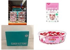 X13 ASSORTED SWEETS TO INCLUDE HARIBO HEART THROBS X 150 PIECES (480G) SWEETS TUB, CANDY KITTENS VEGAN SWEETS ETON MESS (140G BAG), VEGAN CHEWY SWEETS - NATURALLY FLAVOURED WITH STRAWBERRY JUICE, PER