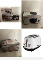 X5 ASSORTED TOASTERS TO INCLUDE TOWER BOTTEGA T20016W 2 SLICE STAINLESS STEEL TOASTER WITH ADJUSTABLE BROWNING CONTROL, DEFROST AND REHEAT SETTINGS, WHITE AND ROSE GOLD.