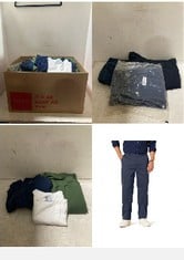 X30 ASSORTED CLOTHING TO INCLUDE ESSENTIALS MEN'S CLASSIC-FIT WRINKLE-RESISTANT FLAT-FRONT CHINO TROUSER (AVAILABLE IN BIG & TALL), NAVY, 40W / 32L.