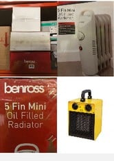 3X ASSORTED BENROSS TO INCLUDE BENROSS 42440 2000W INDUSTRIAL FAN HEATER / ADJUSTABLE THERMOSTATIC CONTROL / COOL AIR SETTING / DUAL OVERHEAT PROTECTION / PORTABLE WITH CARRY HANDLE / LOW NOISE, BENR