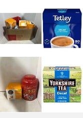 40X ASSORTED TEA & COFFEE TO INCLUDE YORKSHIRE TEA DECAF, 80 TEA BAGS , TETLEY ORIGINAL DECAF TEA BAGS, 80 BAGS.