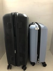 2 X AMERICAN TOURISTER TRAVEL CASES HARDSHELLS SPINNERS, 1 X BLACK MEDIUM/LARGE, 1 X LIGHT BLUE SMALL