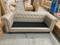 3 SEATER CHESTERFIELD SOFA IN LIGHT GREY LEATHER (MISSING CUSHIONS) (ZONE 2)